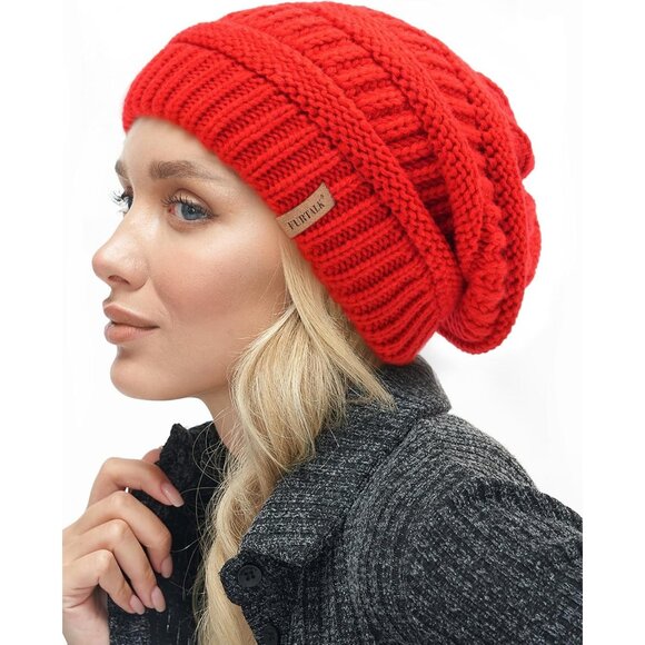Women's Knitted Beanie Red Cozy Skull Ski Hats Cap Winter Warm Slouchy Design